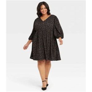 Size 2X 18‎ 20 NEW BLACK FLORAL PRINT BALLOON SLEEVE DRESS W/POCKETS Plus Size